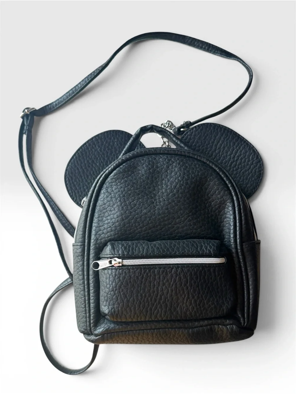 Mini Black Faux-Leather Backpack with Ear Accent